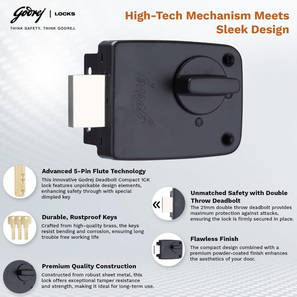 Godrej Rim Lock I Deadbolt Compact I 1CK Deadbolt I for Inside Opening Wooden Main Door | Left Right Handed Doors I 3 Keys I 1 Years Warranty I Textured Black Finish